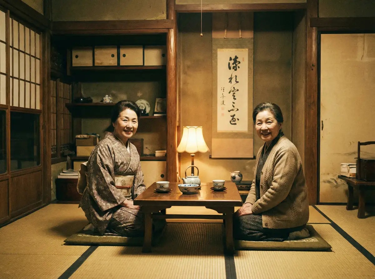 两位优雅的 七海蒂娜 在日式茶室中品茶交谈